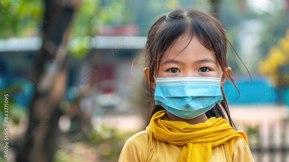 Fototapeta premium A little girl wearing a protective medical mask to prioritize safety and health