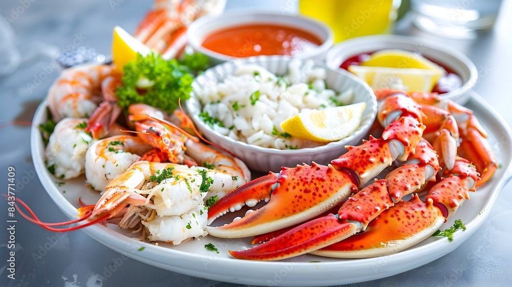 Elegant Seafood Dish with Lobster Tail,King Crab,and Shrimp on White Plate with Sauces and Lemon Elegant Seafood Dish with Lobster Tail,King Crab,and Shrimp on White Plate with Sauces and Lemon