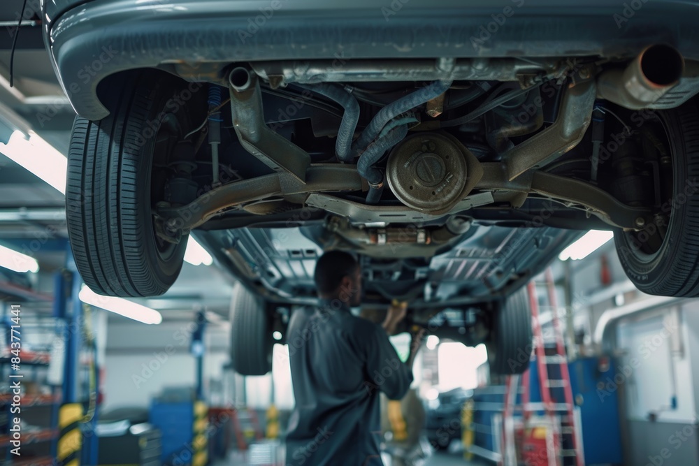 custom made wallpaper toronto digitalMechanic Inspecting Car Undercarriage at Auto Service Center on Hydraulic Lift