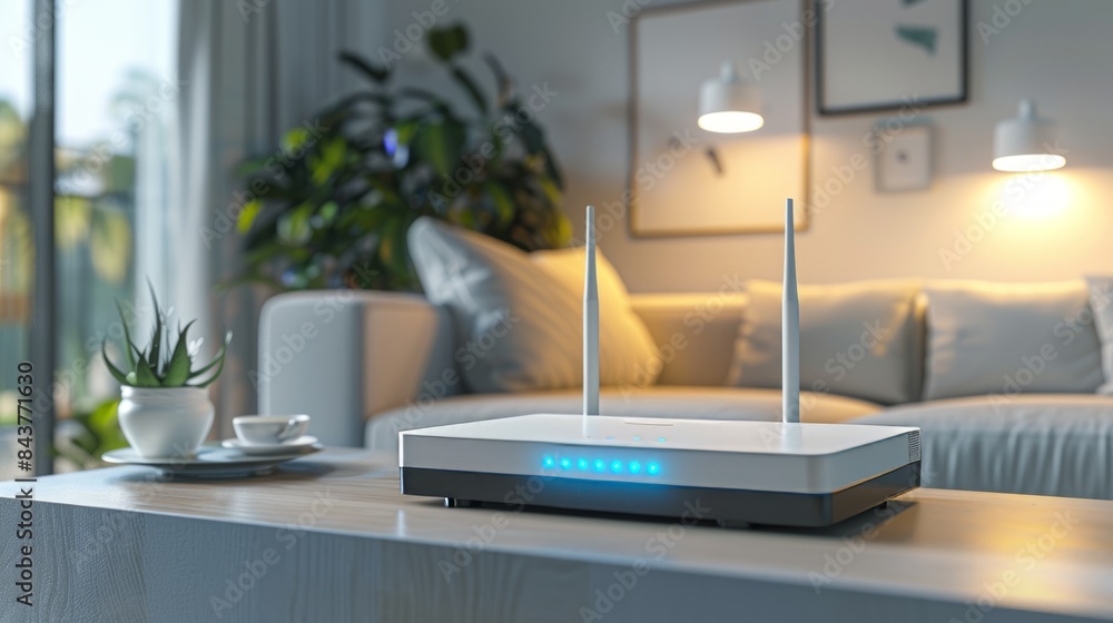 Modern Wi-Fi router in a stylish living room Modern Wi-Fi router in a stylish living room