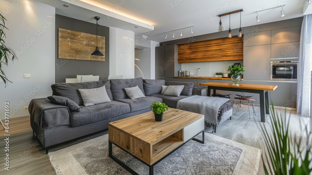 Modern living room interior with grey sofa and coffee table near ...
