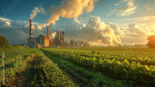 A peaceful farmland with crops in the foreground and a factory emitting pollutants in the background, illustrating the impact of industrial activities on agricultural land and the need for photo