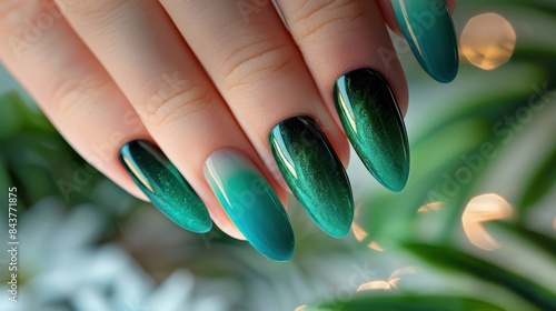 nail art of emerald green and turquoise green gradient,beautiful transparent emerald purple and turquoise nail design,summer resort,luxery,jewelry and gold  photo