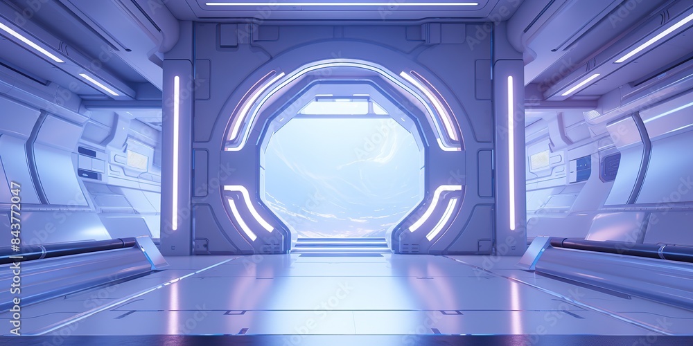 A futuristic door with a strong sense of futurism with blue light neon view. Space future technology sci fi background scene A futuristic door with a strong sense of futurism with blue light neon view. Space future technology sci fi background scene