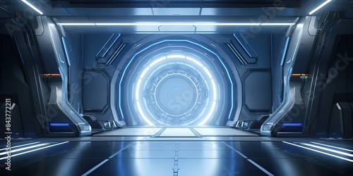 A futuristic door with a strong sense of futurism with blue light neon view. Space future technology sci fi background scene © AkimD