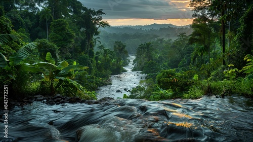 A lush forest with a river flowing through it, tainted by chemical discharge from an upstream factory, demonstrating the impact of industrial waste on freshwater ecosystems and the need for stringent