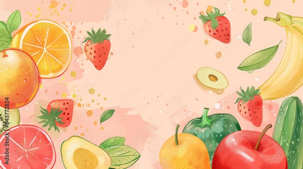 Cheerful fruit and vegetable drawings on a soft pastel background, allowing for creative text placement. Cheerful fruit and vegetable drawings on a soft pastel background, allowing for creative text placement.