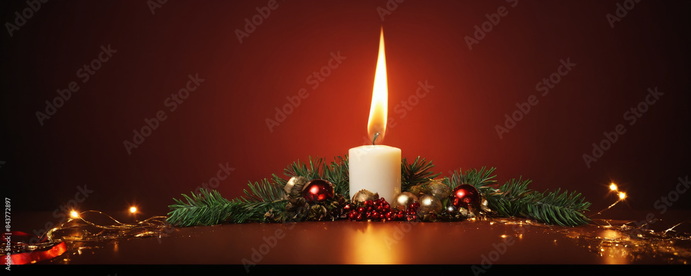 A single lit candle with christmas decorations on a red background A single lit candle with christmas decorations on a red background