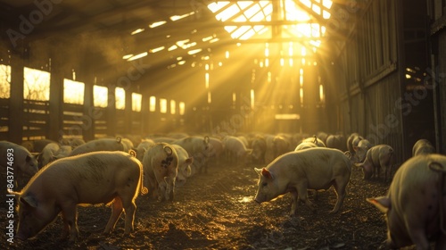 Pigs inside a barn with sunlight streaming through the windows