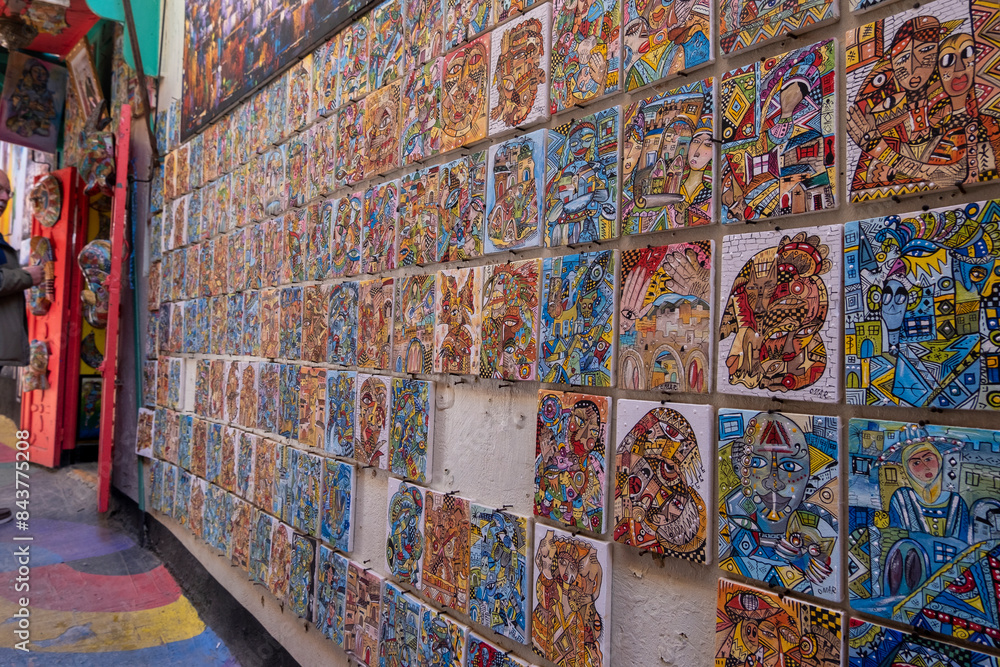 Obraz premium Historic medina of Fes. The quarter of the artist, small naif paintings for sale for tourists. Morocco 