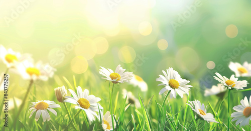 Beautiful spring background with daisies in the sun and bokeh light effects. Soft focus on white flowers in a green grass meadow.