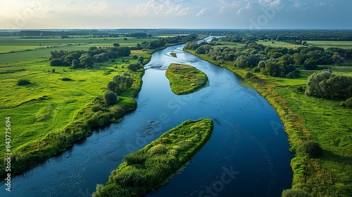 A picturesque river flowing through a countryside, tainted by the discharge of industrial wastewater, demonstrating the contrast between untouched nature and human-induced contamination, and the photo