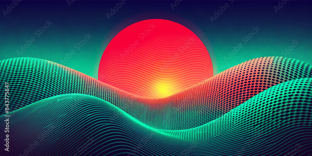 The vibrant red sun sets behind rolling hills that are densely dotted, creating a sense of movement. The color gradient changes from warm shades around the sun to cooler blues and greens.AI generated. The vibrant red sun sets behind rolling hills that are densely dotted, creating a sense of movement. The color gradient changes from warm shades around the sun to cooler blues and greens.AI generated.