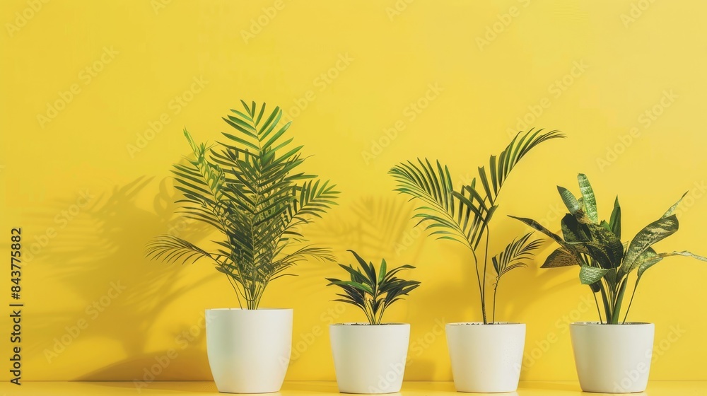 Beautiful plants in minimalist white pots against a pastel yellow background, leaving clear space at the bottom for text Beautiful plants in minimalist white pots against a pastel yellow background, leaving clear space at the bottom for text