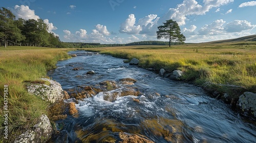 A picturesque river flowing through a countryside, tainted by the discharge of industrial wastewater, demonstrating the contrast between untouched nature and human-induced contamination, and the photo