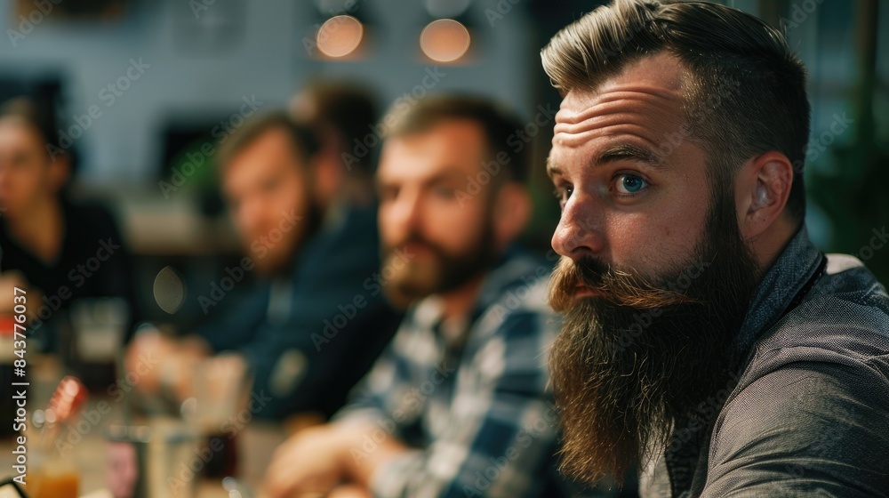 A bearded man and his colleagues are encouraged while hosting a workshop at the workplace A bearded man and his colleagues are encouraged while hosting a workshop at the workplace