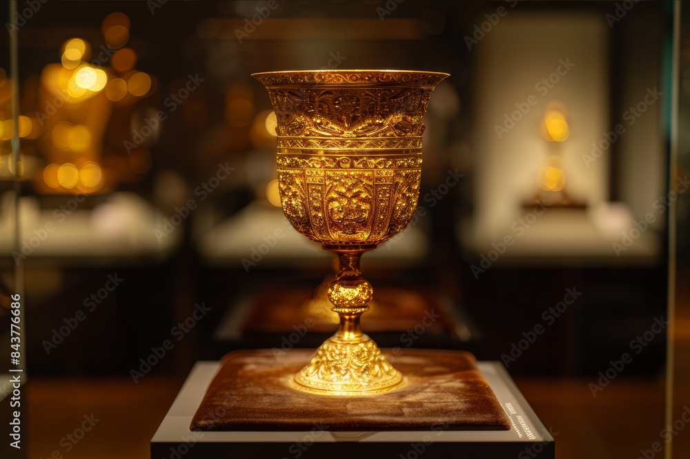 Intricate golden chalice from the Byzantine era displayed on a velvet-lined pedestal in a museum setting.. AI generated. Intricate golden chalice from the Byzantine era displayed on a velvet-lined pedestal in a museum setting.. AI generated.