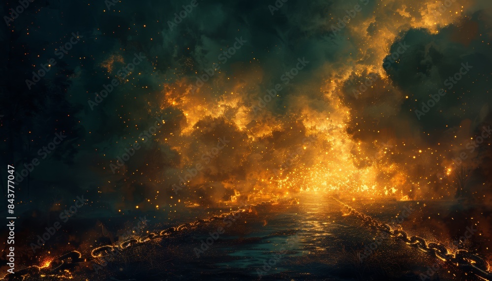 A night sky illuminated by fire with ghostly chains glowing in the dark their shadows dancing on the ground below A night sky illuminated by fire with ghostly chains glowing in the dark their shadows dancing on the ground below