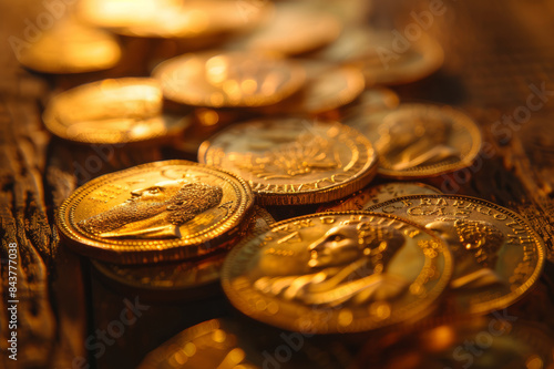Golden Roman coins arranged in a chronological timeline on a wooden table, with soft lighting enhancing their intricate details.. AI generated.