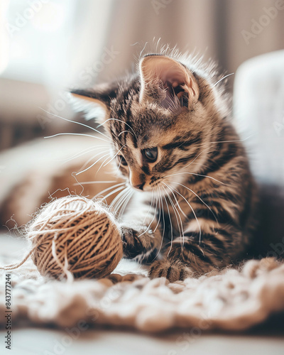 cute kitten playing with a ball of yarn, cozy living room, natural light, adorable pet