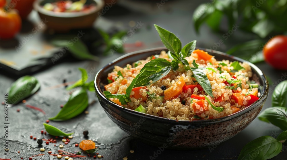 A bowl of rice with vegetables and basil, garnished with fresh basil leaves. The bowl is on a rustic wooden table. The photo is taken from a high angle. A bowl of rice with vegetables and basil, garnished with fresh basil leaves. The bowl is on a rustic wooden table. The photo is taken from a high angle.