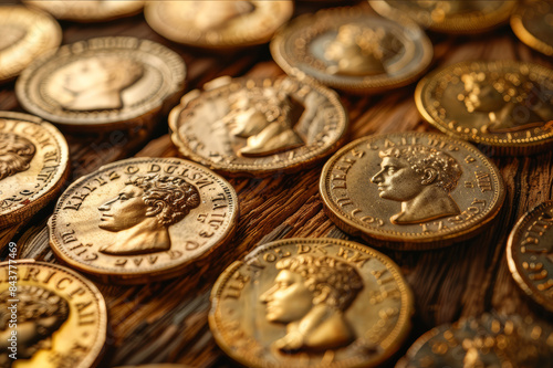 Golden Roman coins arranged in a chronological timeline on a wooden table, with soft lighting enhancing their intricate details.. AI generated.