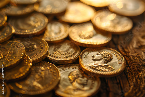 Golden Roman coins arranged in a chronological timeline on a wooden table, with soft lighting enhancing their intricate details.. AI generated.