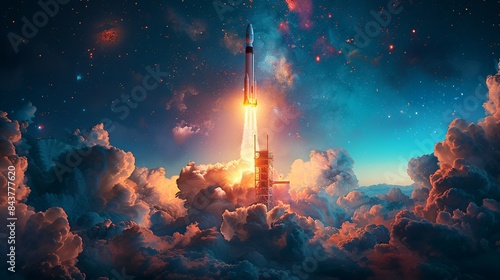 An abstract image of a rocket launching into the sky, surrounded by clouds of smoke, with a background of blue sky and stars, symbolizing a startup taking off. Clipart illustration style, clean, © DARIKA