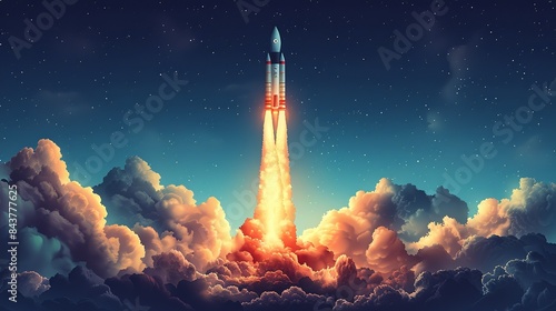 An abstract image of a rocket launching into the sky, surrounded by clouds of smoke, with a background of blue sky and stars, symbolizing a startup taking off. Clipart illustration style, clean,