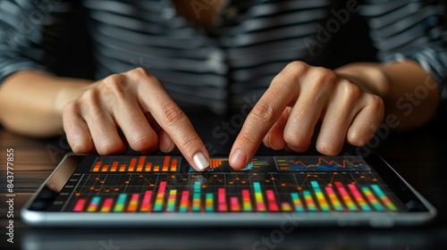 A close-up of hands working on a tablet, with digital overlays of financial charts and growth indicators, showing real-time progress and success. Clipart illustration style, clean, Minimal,