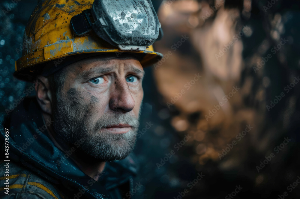 Close-up of a miner extracting silver ore in an underground mine with dim lighting and a focused expression.. AI generated. Close-up of a miner extracting silver ore in an underground mine with dim lighting and a focused expression.. AI generated.