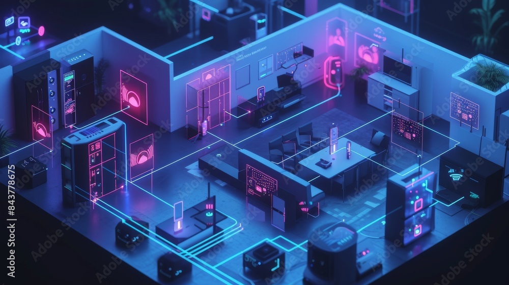 Smart home with Internet of Things: visualization of a home network in which devices are automatically adjusted and controlled using artificial intelligence. Smart home with Internet of Things: visualization of a home network in which devices are automatically adjusted and controlled using artificial intelligence.