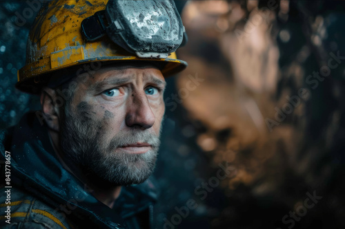 Close-up of a miner extracting silver ore in an underground mine with dim lighting and a focused expression.. AI generated. © Petr