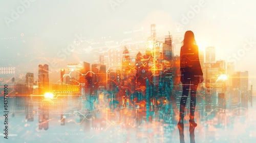 A female entrepreneur confidently walking towards a bright, futuristic city skyline, with elements like digital graphs and innovative symbols floating around her. Clipart illustration style, clean,