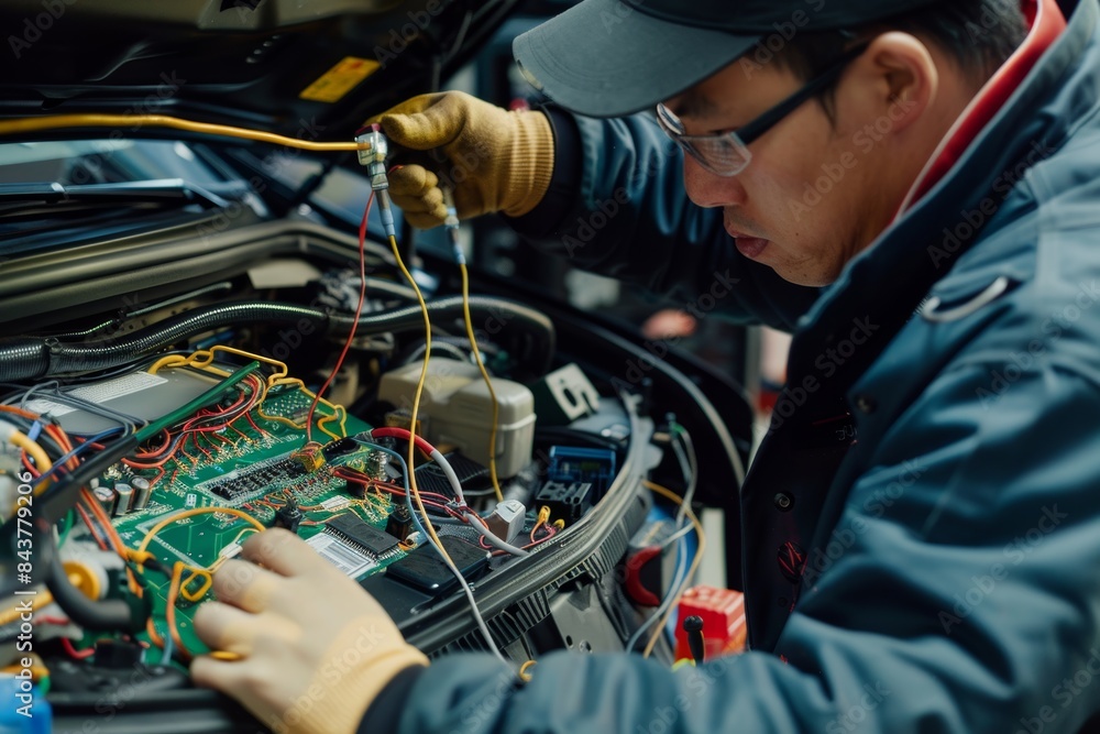 Obraz premium Mechanic Repairing Car ECU and Ensuring Secure Connections in the Engine Bay for Optimal Performance