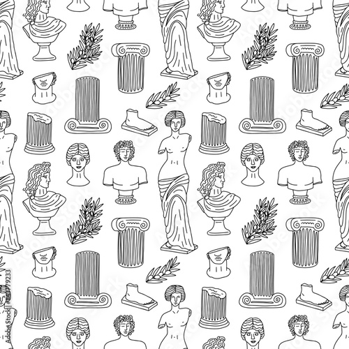 Ancient marble statues and sculptures hand drawn linear vector seamless pattern