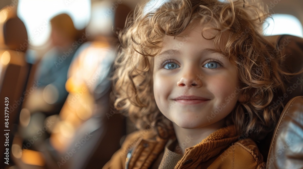 Portrait of a happy, curly-haired young boy sitting comfortably in a seat with a joyful expression Portrait of a happy, curly-haired young boy sitting comfortably in a seat with a joyful expression