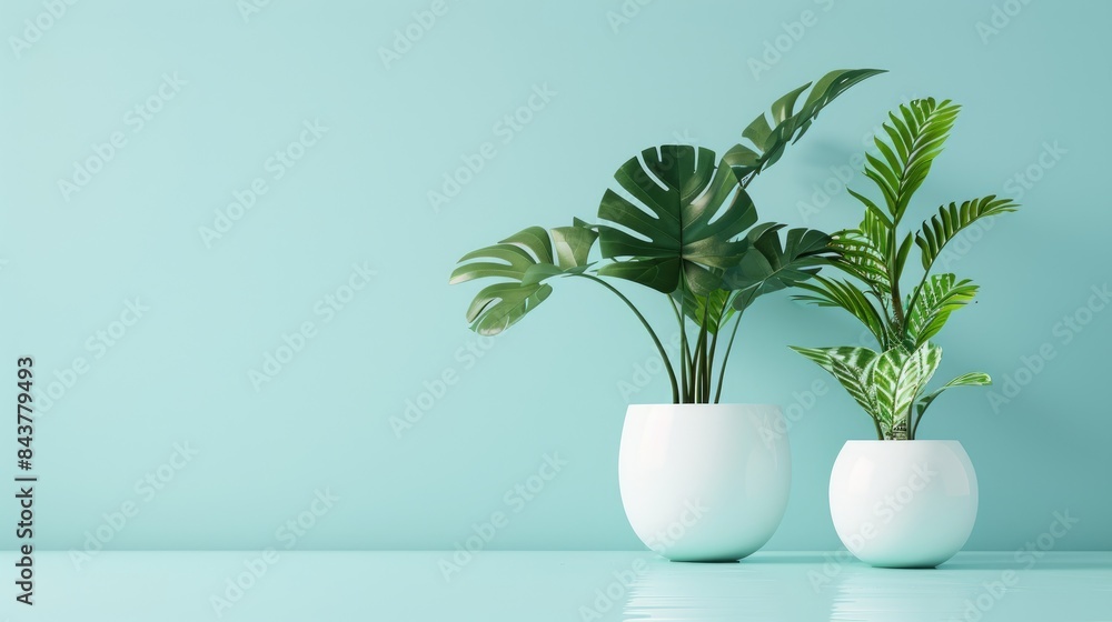 Minimalist white pots with lush plants, set against a pastel blue background, providing room in the center for text. Minimalist white pots with lush plants, set against a pastel blue background, providing room in the center for text.