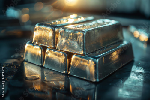 A stack of shiny silver bars in a dimly lit room with a reflective surface beneath them creating an elegant and luxurious feel.. AI generated. © Petr