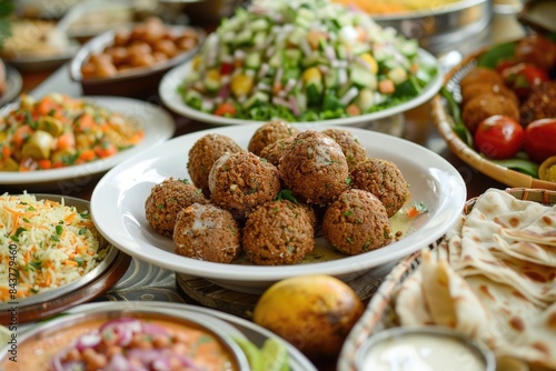 Many different types of food in bowls on a table, falafel arabic traditional meal 