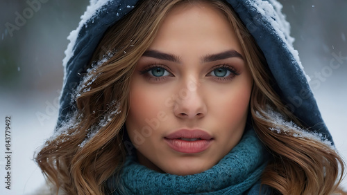 Portrait of a Young Woman in Winter Snowfall photo