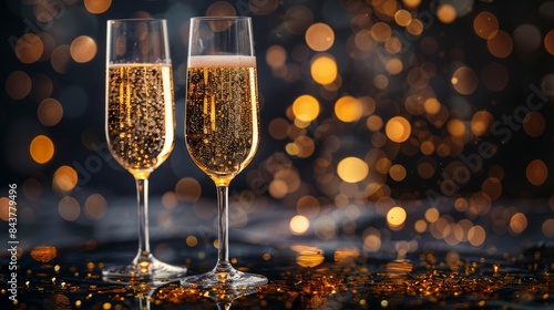 Celebratory champagne flutes filled with fizzy liquid standing on a surface sprinkled with gold sequins and warm lights photo
