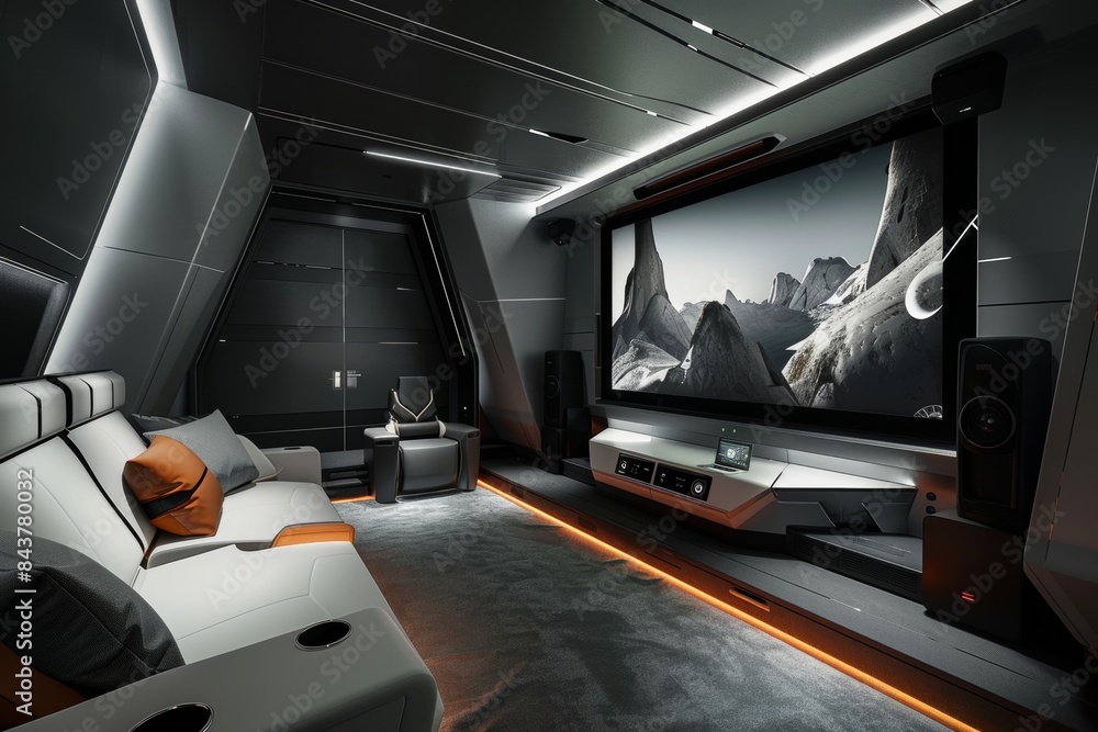 Fototapeta premium Modern Home Theater with Ultra HD TV and Surround Sound System in Monochrome Design