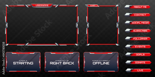 Live Stream Overlay Webcam Screen Frame and Stream Alert GUI Panels with Red and Silver Colored for Gaming and Video Streaming Platforms