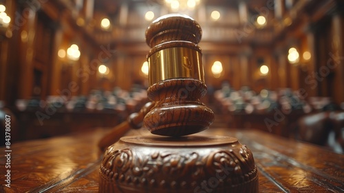 A close-up shot of a wooden gavel in what appears to be a courtroom setting, focused on the gavel with a blurred background