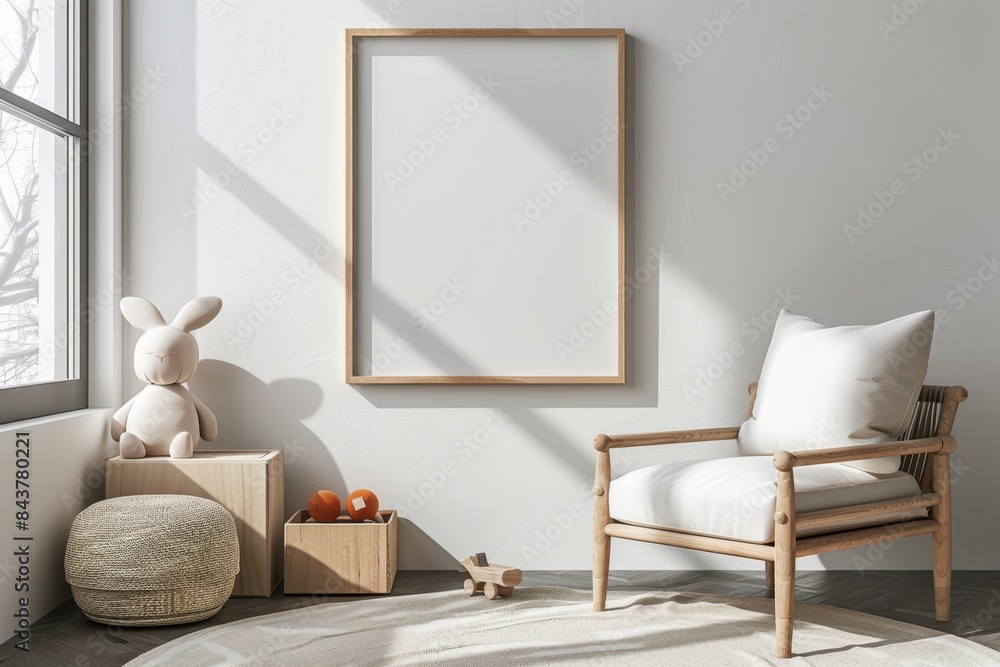 Fototapeta premium A white room with a wooden chair and a rabbit stuffed animal