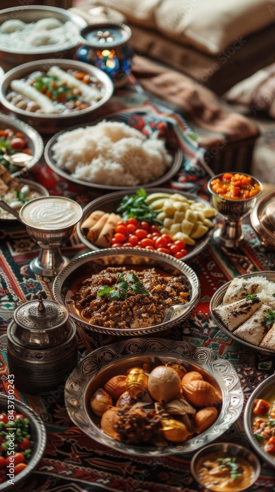 Many plates of food on a table with a lot of food, arabic traditional meal
Many plates of food on a table with a lot of food, arabic traditional meal
