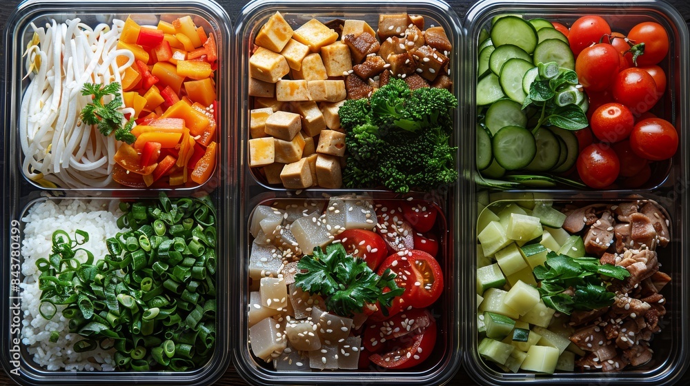 Various meal prep containers with a balanced of veggies, proteins, and grains Attractively arranged and colorful Various meal prep containers with a balanced of veggies, proteins, and grains Attractively arranged and colorful