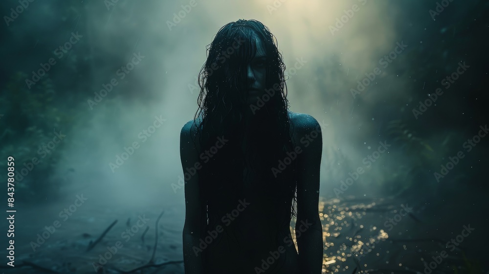 A rear view of a person standing in a mysterious forest setting with ethereal lighting