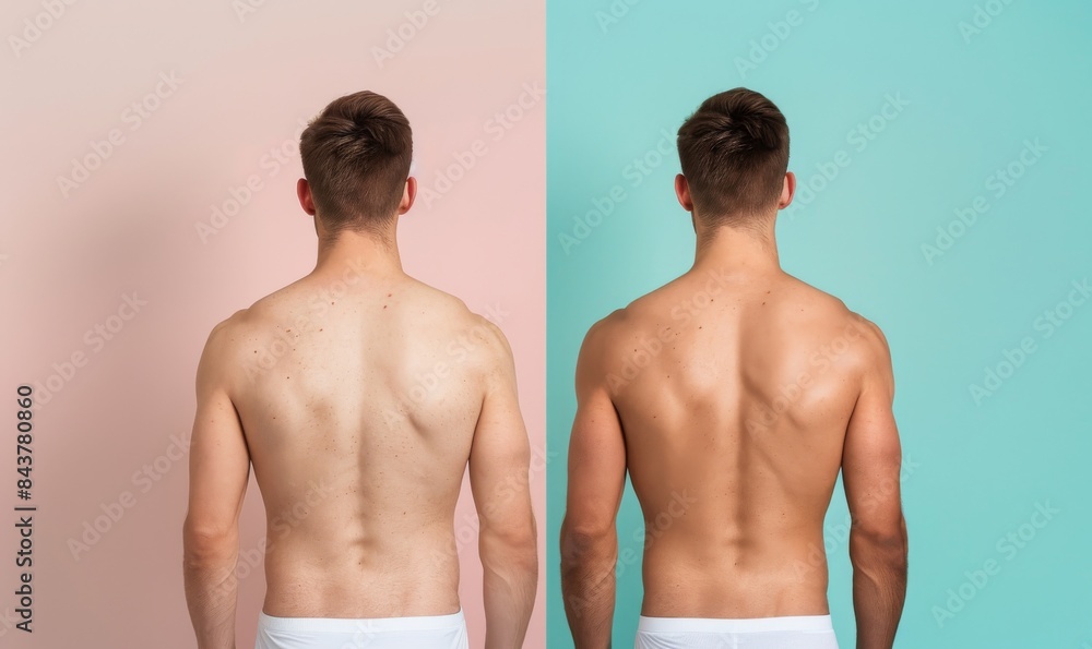 side-by-side comparison of a mans back, showcasing the difference between a pale, untanned back and a sun-kissed, tanned back side-by-side comparison of a mans back, showcasing the difference between a pale, untanned back and a sun-kissed, tanned back